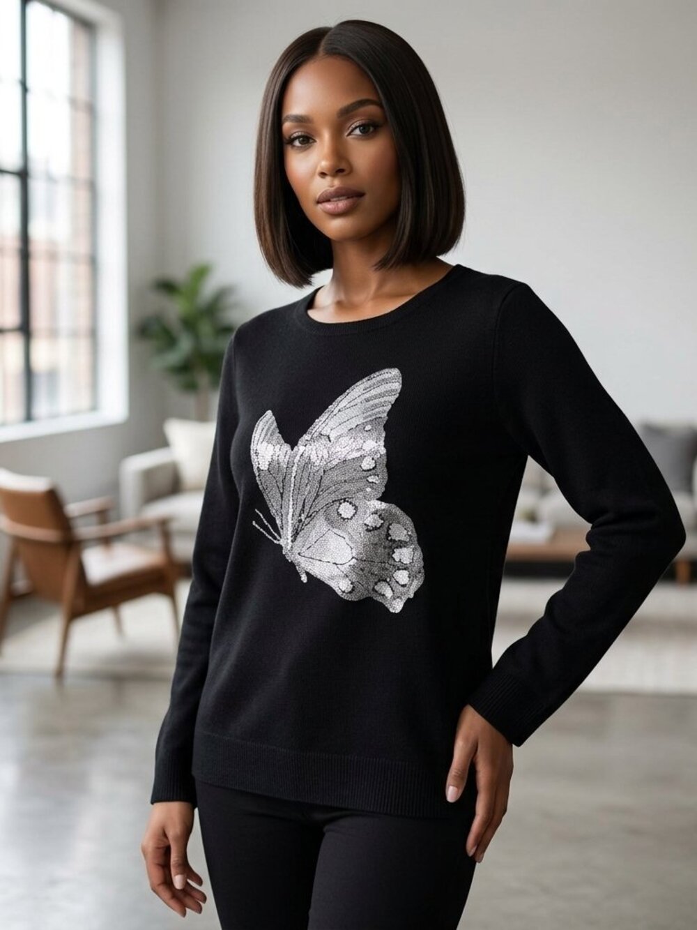 ANN TAYLOR NEW Womens Wool Blend Black With Silver Butterfly Sweater Size M
